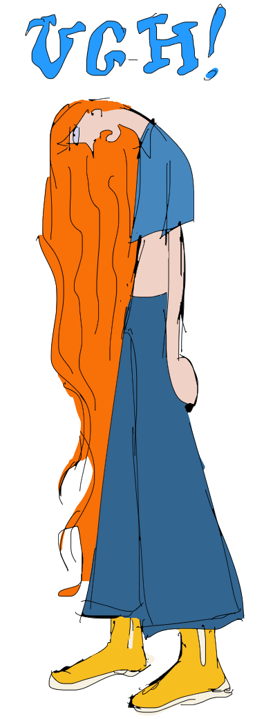 beatrice hunched over saying 'ugh'